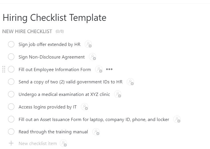Onboard your new hires smoothly by applying this hiring checklist template!