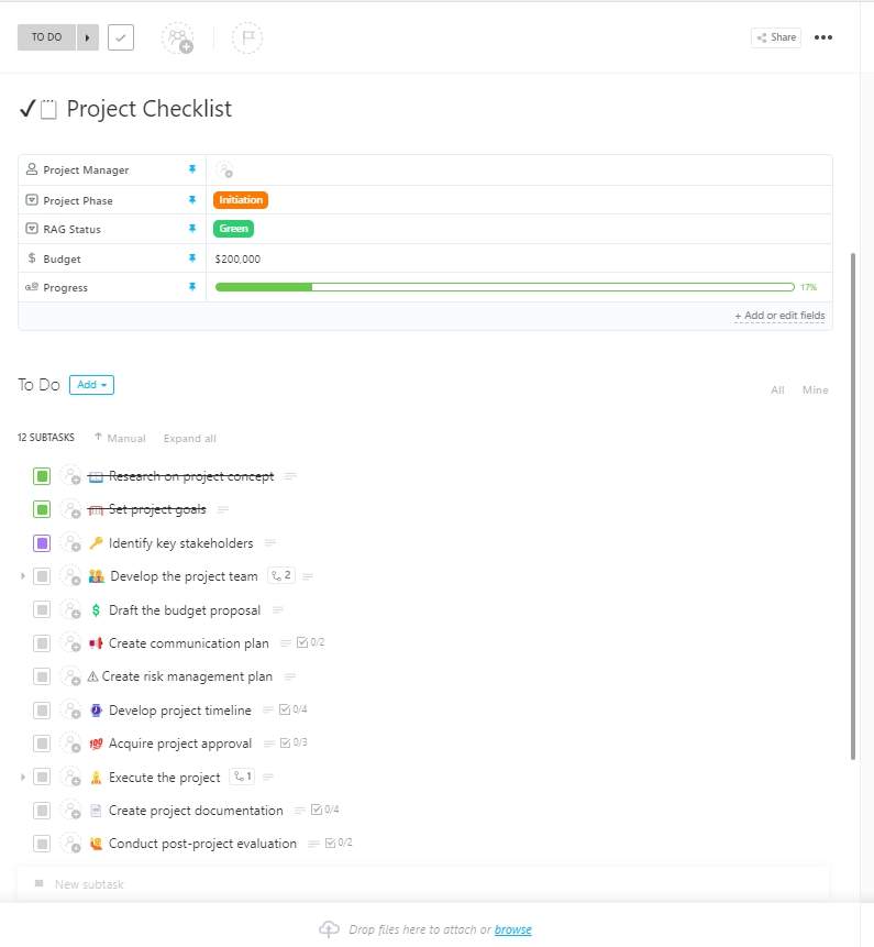Planning on doing a project? Let ClickUp help you identify what you need to do through this Project Checklist task template. This template is composed of general subtasks which serve as the general requirements for all projects.